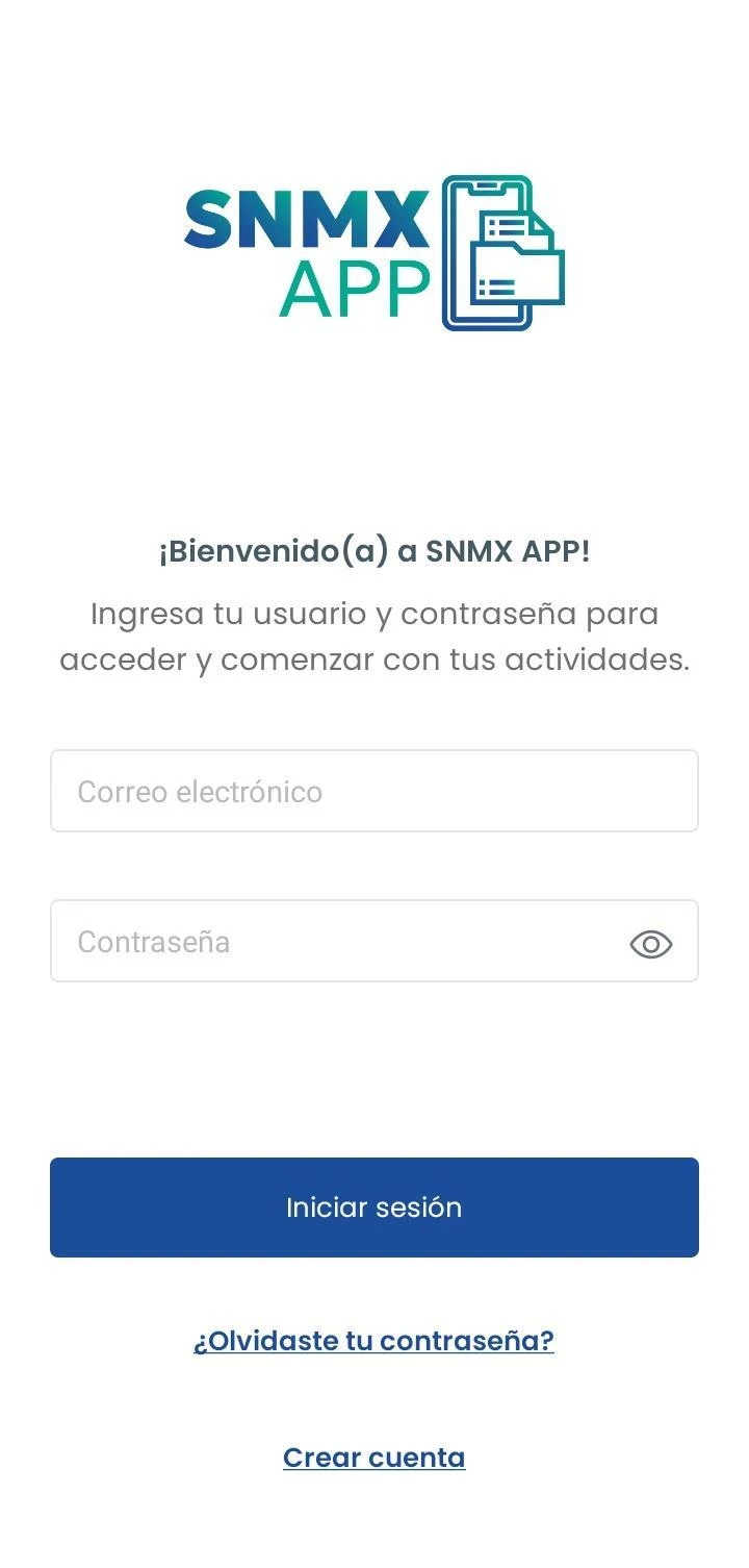 Pantalla de inicio de sesión de SNMX APP