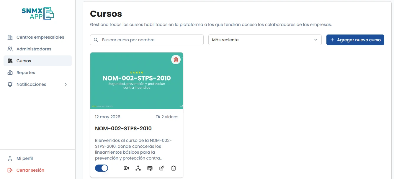 Panel web SNMX APP: gestión de cursos cargados en la plataforma