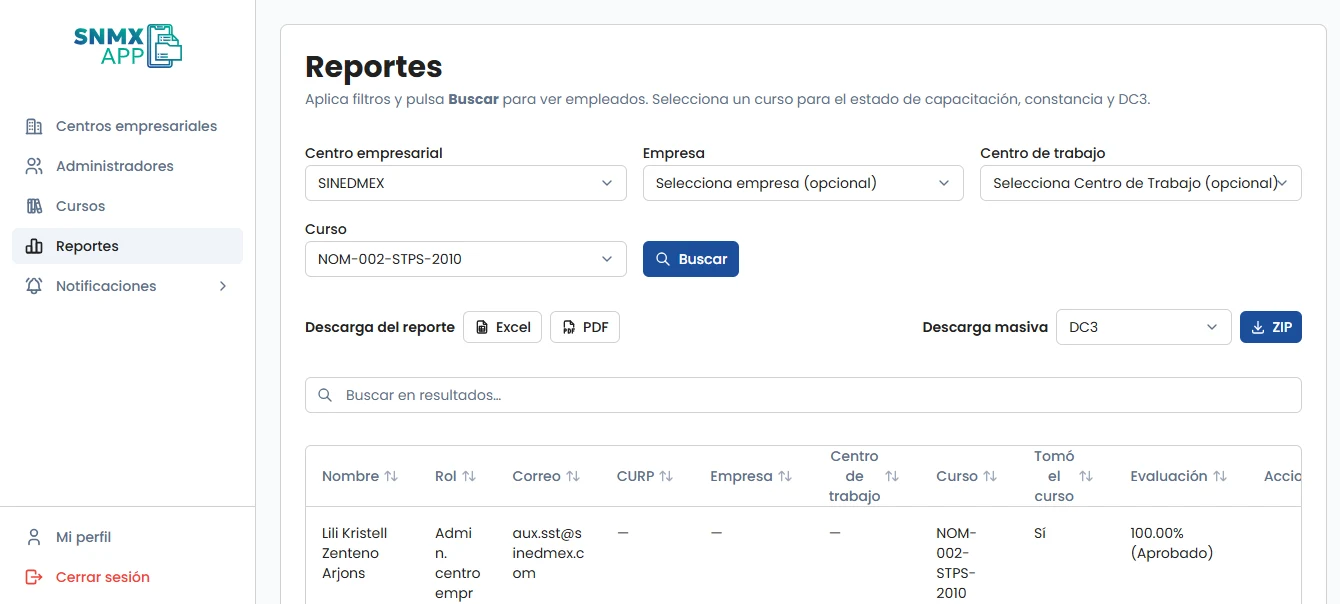 Panel de administración SNMX APP: módulo de reportes con descarga de DC3